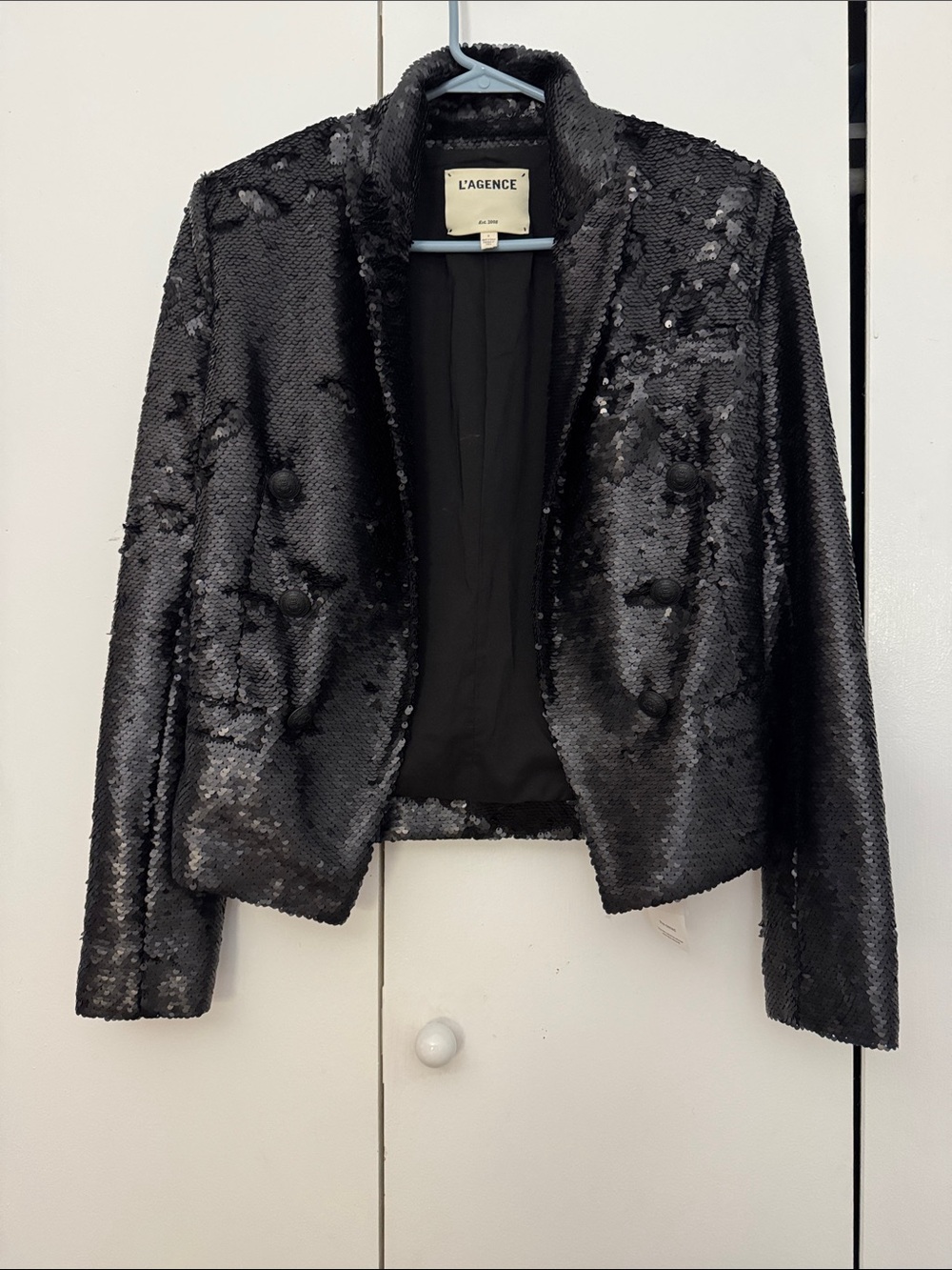 L’AGENCE Black Sequin Double Breasted Blazer Evening Party Jacket Size 0 - Picture 2 of 9